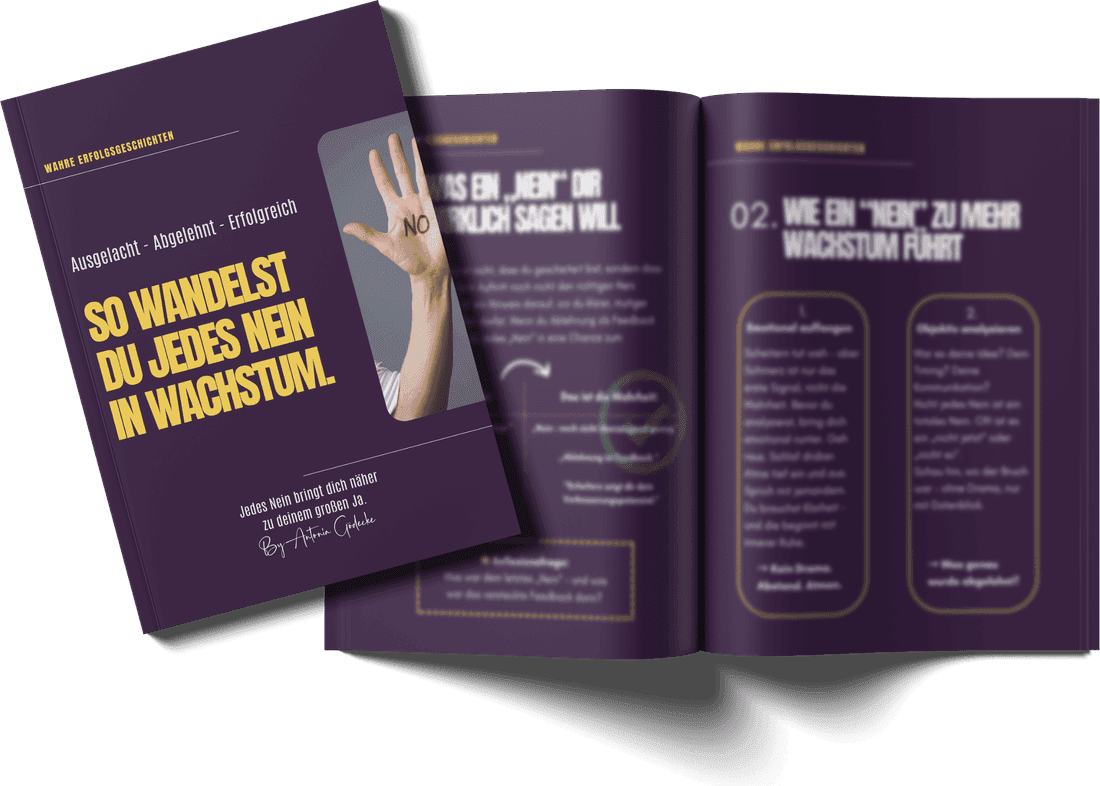 Das aufgeschlagene Workbook „So wandelst du jedes Nein in Wachstum"