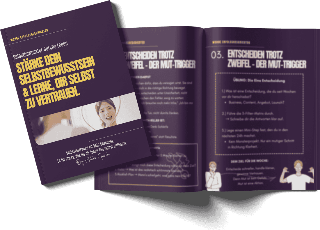 Das aufgeschlagene Workbook „Stärke dein Selbstbewusstsein"