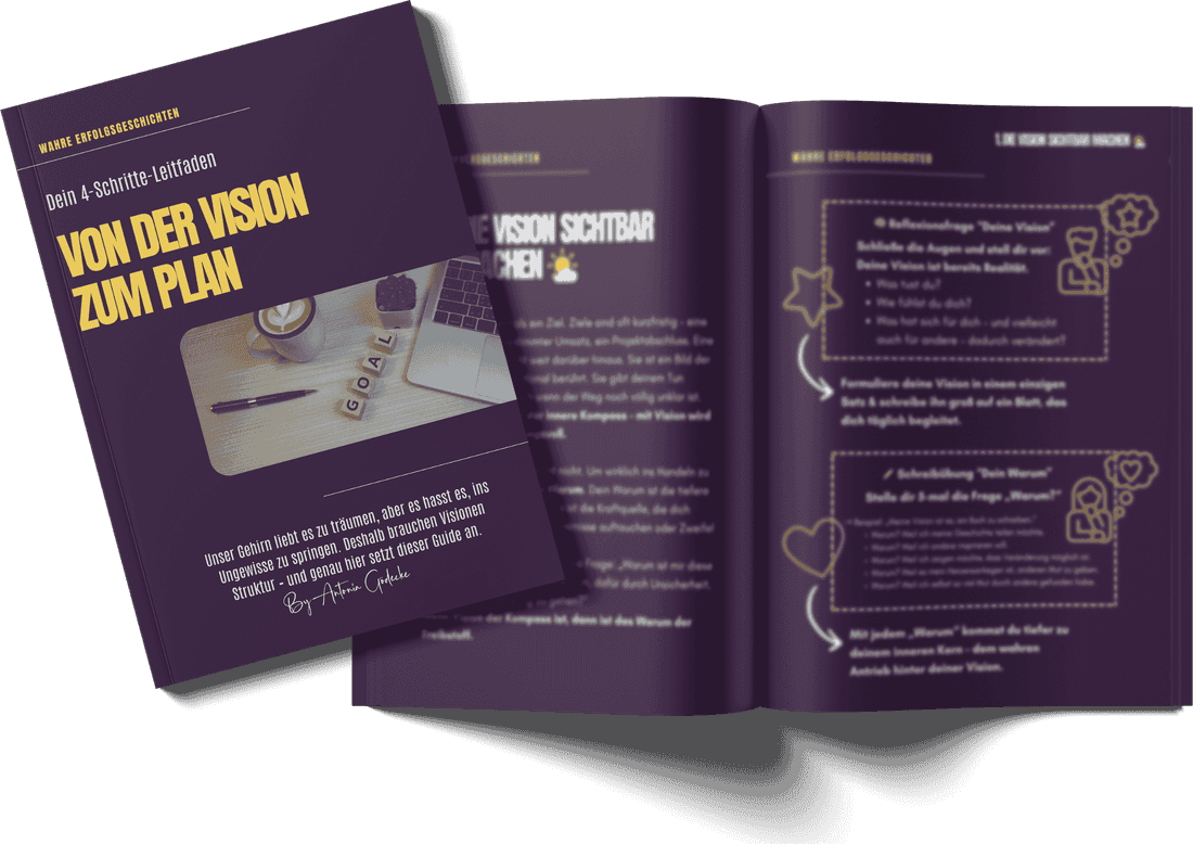 Das aufgeschlagene Workbook „Von der Vision zum Plan"